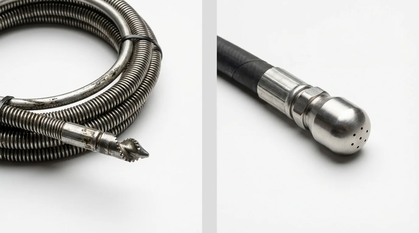 Drain snake cable and hydro jetting nozzle used for drain cleaning in New London, IA