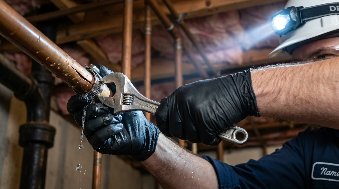 Emergency pipe clamp repair being performed by a Johns Plumbing LLC plumber in New London