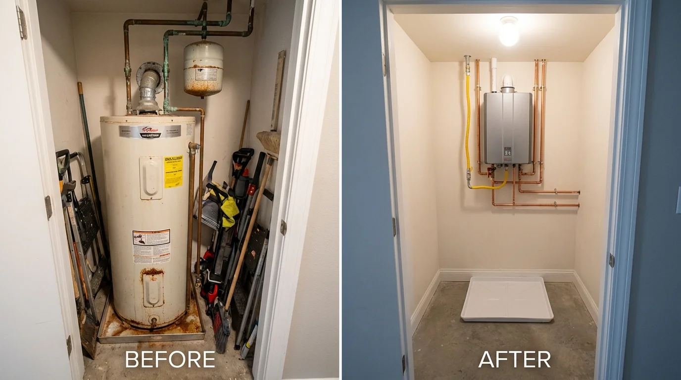 Tank water heater versus wall-mounted tankless unit comparison for New London, IA homeowners