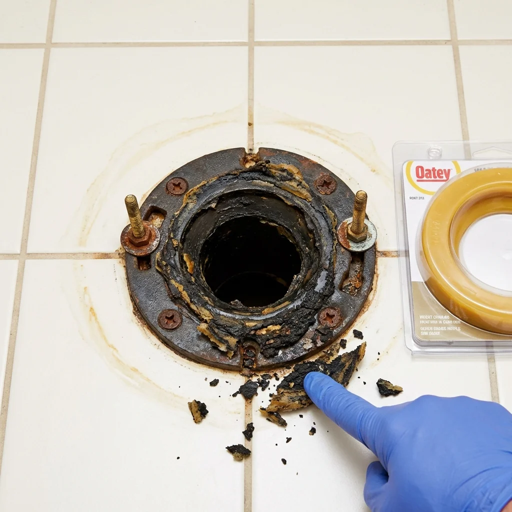 Failed wax ring showing water seepage at the base of a toilet in a New London, IA home