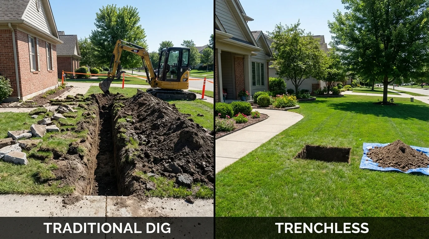 Trenchless sewer repair with minimal yard damage versus traditional excavation in New London, IA