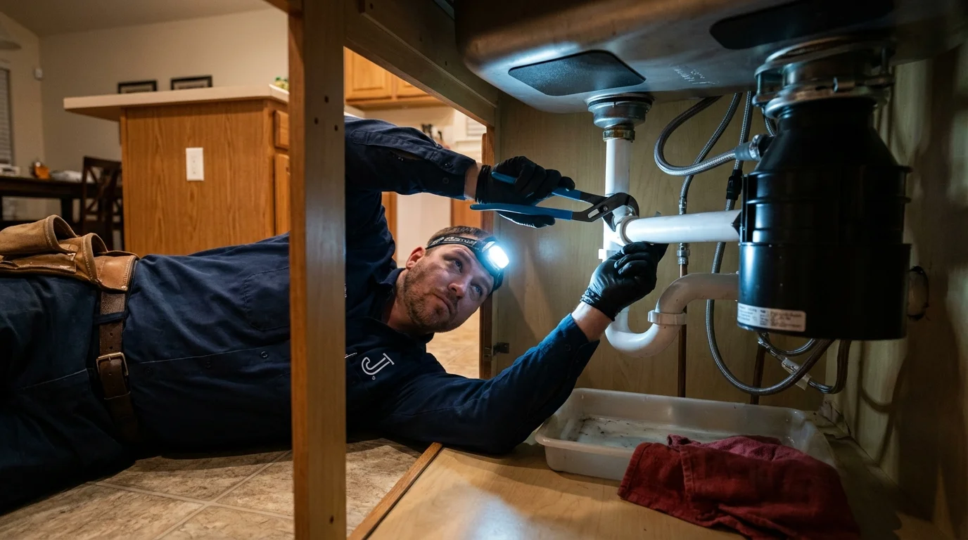 P-trap and supply line connections under a kitchen sink showing a common leak point in New London, IA
